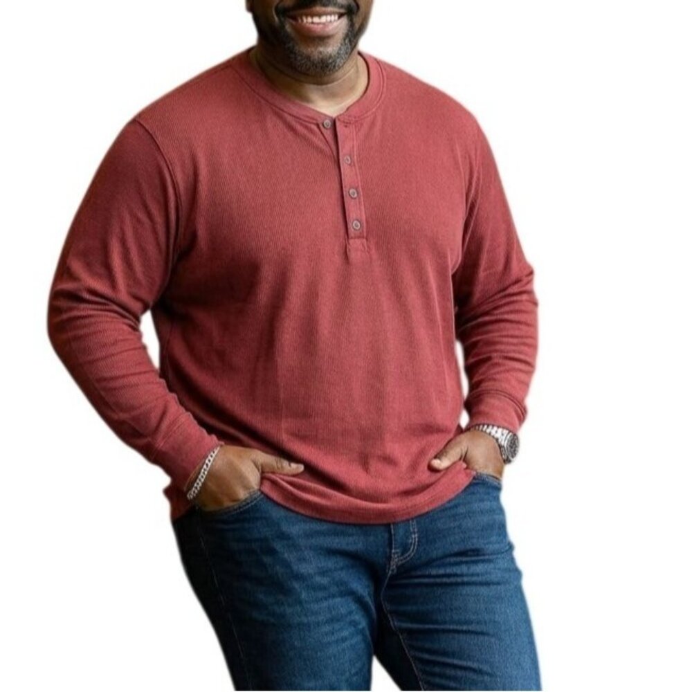 Falls Creek Mens Size XXXL Shirt Henley Waffle Knit Red Long Sleeve Button-Neck
